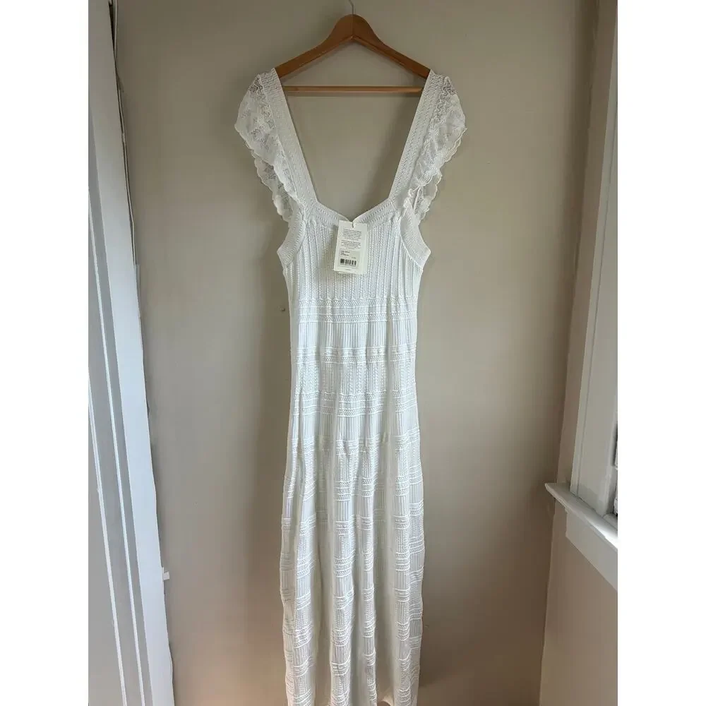 Sezane Isabelle Ecru Midi Flutter Sleeves Knit Dress Size XL NWT - Picture 2 of 9